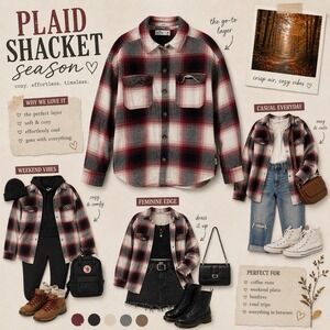 Hollister Plaid Shacket Women Medium Boyfriend Fit Flannel Jacket Red Button Up
